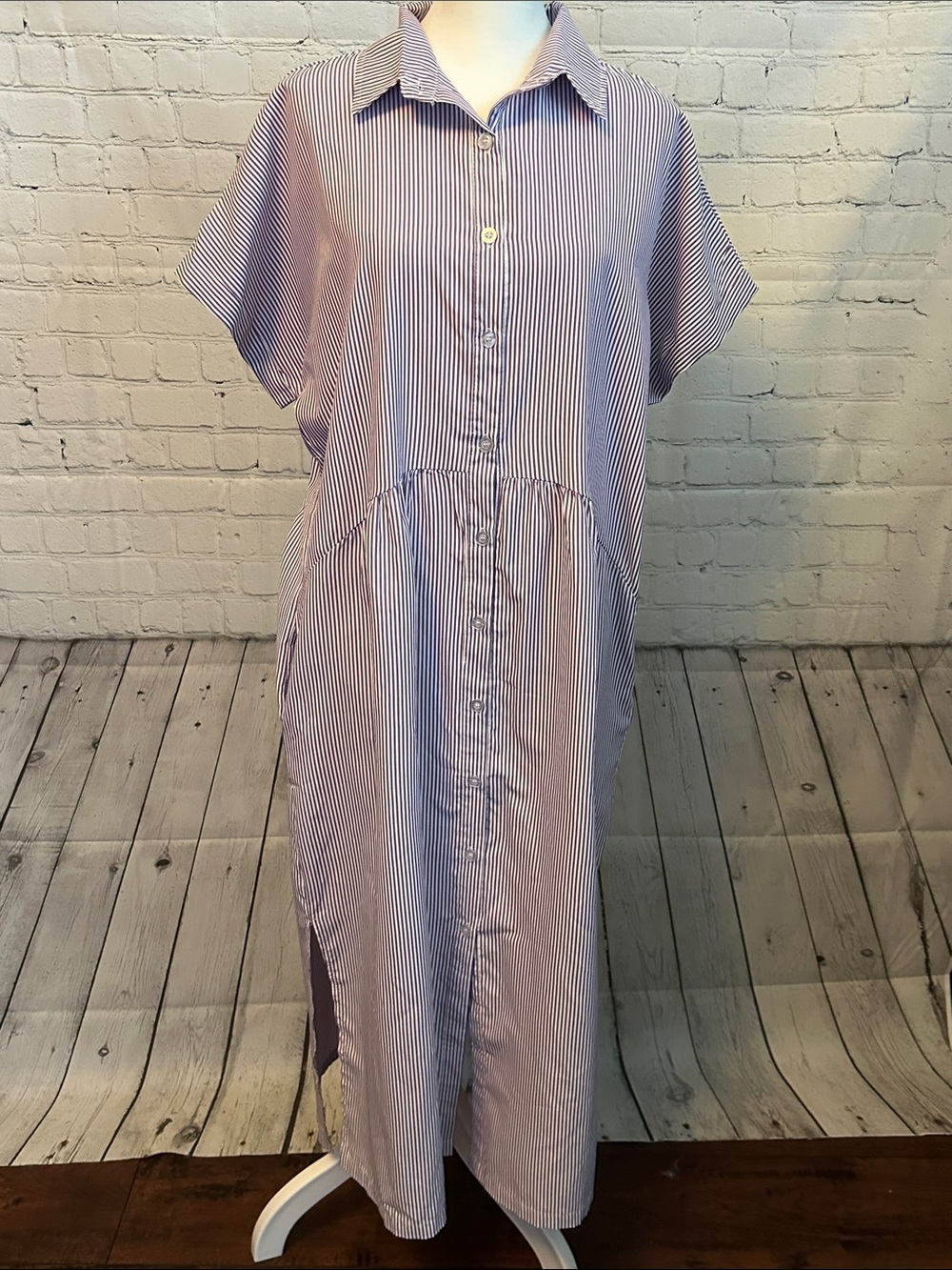 Striped Button-Front Shirt Dress - Blue